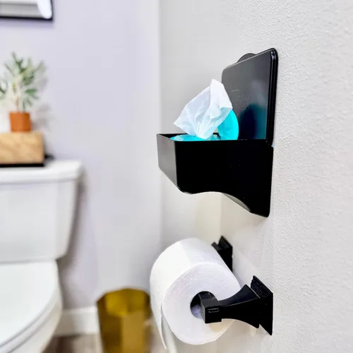 Vista 4 de Soporte para toallitas para baño – Organizador adhesivo de montaje en pared para toallitas húmedas – Estante de toallitas de inodoro de baño
