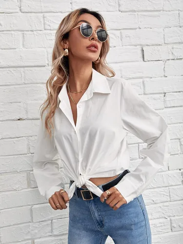 Vista 3 de SheIn Blusa básica de manga larga con botones para mujer