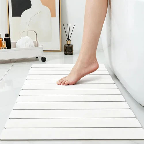 Vista 11 de Paquete de 1 tapete de baño plegable de piedra para baño, tapete de baño gris súper absorbente de tierra de diatomeas, alfombra de ducha