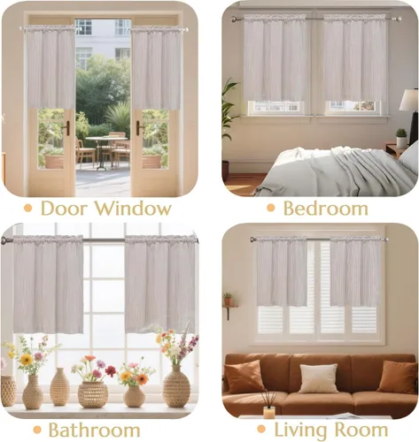 Vista 3 de Cortinas de nivel de algodón July Joy de 24 pulgadas de largo, cortinas de cocina de estilo rústico, bolsillo para barra para ventana pequeña