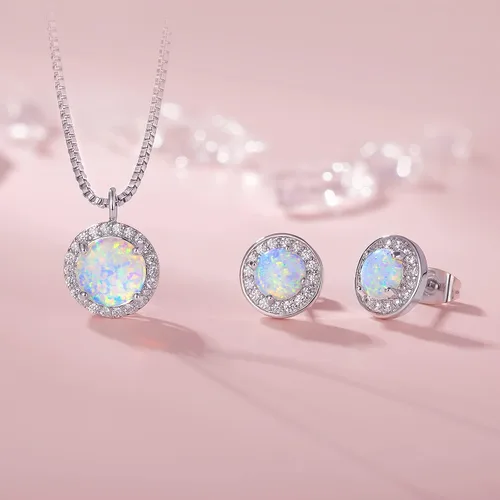 Vista 4 de DwearBeauty Juego de joyas de ópalo de oro blanco con circonita cúbica, collar de ópalo y aretes para mujeres y niñas (collar y aretes), Metal