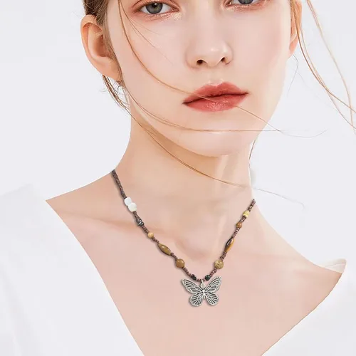 Vista 5 de Western Region - Collar con cuentas de mariposa de león, piedra natural, retro, con cuentas para mujer, 17.71 pulgadas