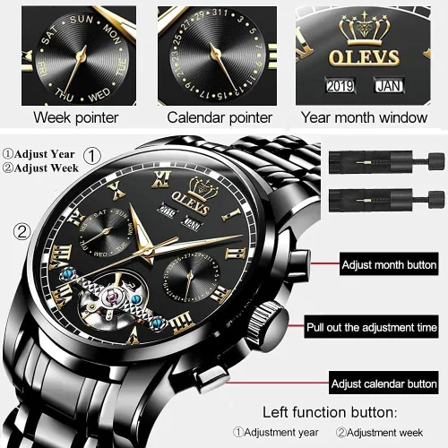 Vista 6 de OLEVS Relojes de cuerda automática para hombre, reloj de pulsera mecánico con diseño de esqueleto Tourbillon, relojes automáticos de acero