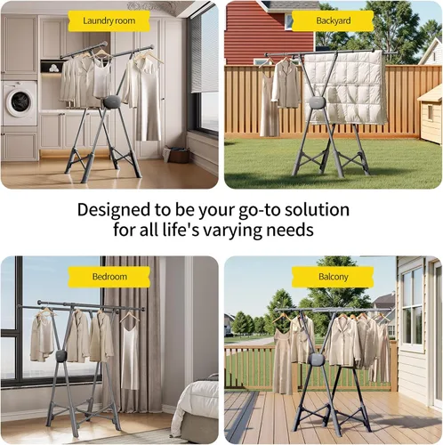 Vista 7 de BIREN Estante de secado de ropa resistente, estante plegable para ropa sucia, dos modos de secado, estantes para secar ropa, longitud ajustable