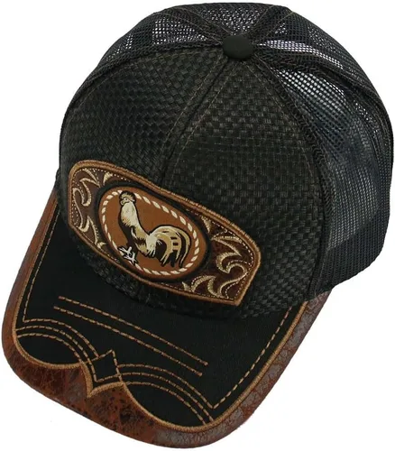 Vista 6 de Gorra de béisbol curvada de malla de camionero bordada estilo occidental de México con diseño de gallo