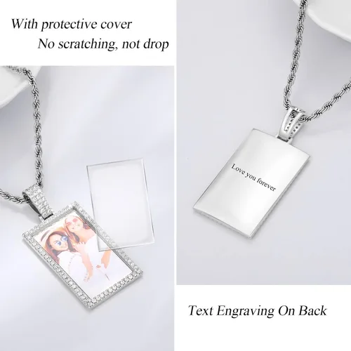 Vista 7 de TUHE Custom Picture Necklaces For Men Women 18K Gold Plated Personalized Photo Pendant Customized Diamond Square Engraved Silver Memorial Rip Chain