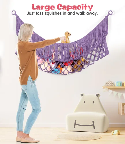 Vista 3 de Hamaca extra grande de red para animales de peluche – [56 pulgadas de largo/macramé tejido a mano/lavanda] Hamaca de almacenamiento para pared