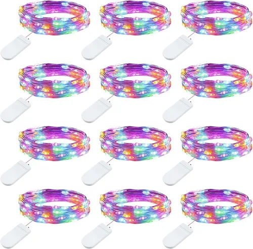 Vista 11 de Brightown - Paquete de 12 luces LED de hadas multicolor con pilas, resistentes al agua, cable plateado de 7 pies, 20 luces LED de luciérnagas 6
