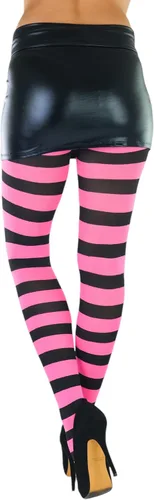 Vista 7 de ToBeInStyle Medias de contraste de rayas horizontales anchas para mujer, medias opacas Negro y rosa muñeca