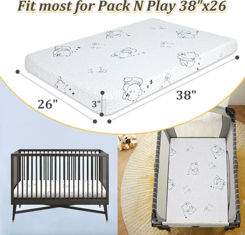 Vista 2 de Colchón Pack and Play, colchón de espuma viscoelástica de gel transpirable de 38 x 26 pulgadas para bebé pequeño, colchón de doble cara para Pack n