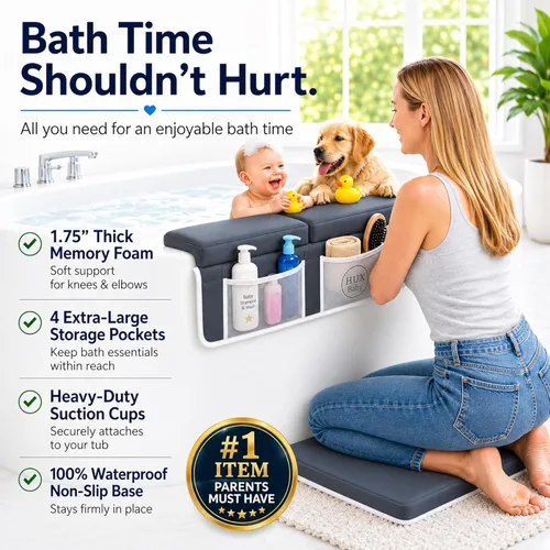 Vista 3 de Cómodo juego de rodilleras y coderas de baño para bebé, almohadilla antideslizante para bañarse, tapete acolchado para bañera, coderas, bolsillos