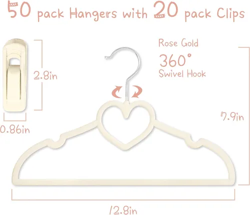 Vista 3 de Perchas de terciopelo beige con forma de corazón, paquete de 50 perchas para niños pequeños de 13 pulgadas con 20 clips, ultra delgadas y apilables