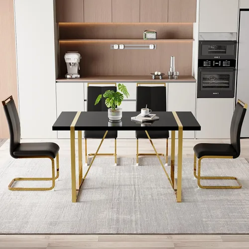 Vista 5 de Mesa de comedor Ebullient para 4, mesa de comedor rectangular negra de MDF, tapa de mesa de cena de mármol falso, mesa de comedor moderna con marco