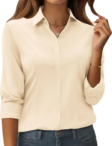 Vista 12 de siliteelon Camisas con botones para mujer: ajuste clásico, resistente a las manchas, manga larga, sin arrugas, oficina de negocios
