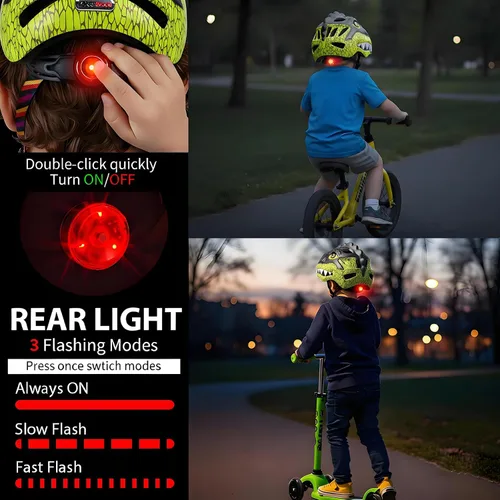 Vista 2 de KINGBIKE Casco para niños pequeños para niños y niñas de 2 a 8 años, casco de bicicleta para niños, cascos ligeros de dinosaurio con luz LED