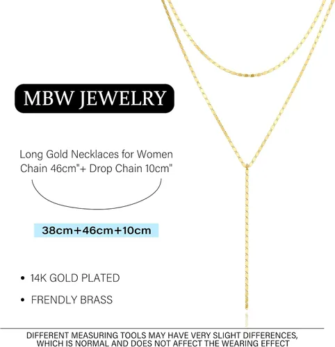 Vista 6 de MBW Lariat Collar para mujer, moderno, chapado en oro de 14 quilates, cadena de plata delicada en Y, collar largo y simple con perlas cúbicas