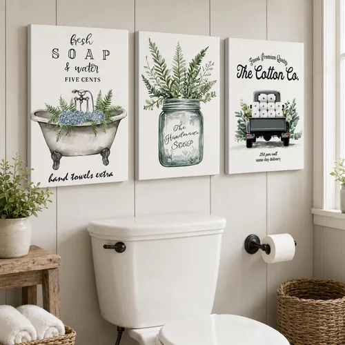 Vista 8 de KVTM 3 piezas de arte de pared de baño de granja, diseño de jabón fresco y bañera de agua, impresiones rústicas de flores en lienzo, arte estético