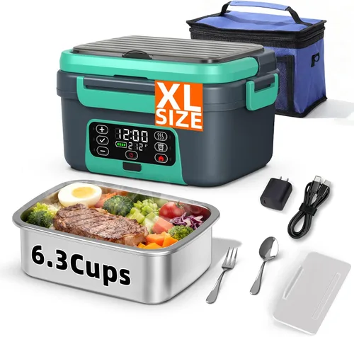 Vista 12 de Lonchera eléctrica inalámbrica XL de 6.3 tazas para adultos, 20000 mAh recargable alimentada por batería inteligente para hombres y mujeres