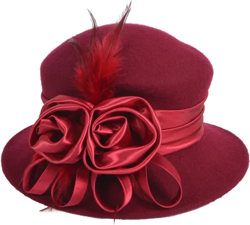 Vista 2 de VECRY Sombrero de lana para mujer, sombrero de fieltro plumy, sombrero de invierno
