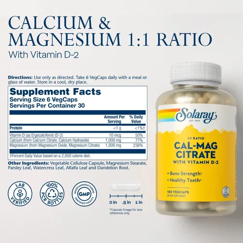 Vista 2 de SOLARAY Citrato de calcio y magnesio proporción 1:1 con vitamina D 2 - Suplementos de calcio para mujeres y hombres - Calcio 1000 mg, magnesio 1000