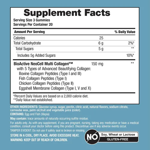 Vista 4 de NeoCell - Gomitas bio-péptidos de colágeno múltiple 60 unidades Sabor tropical Tipo I, II, III, V, X Fórmula BioActive avanzada