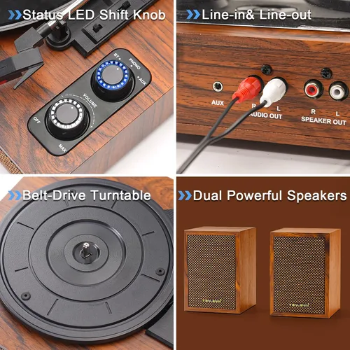 Vista 4 de Tocadiscos de vinilo con altavoces externos, tocadiscos estéreo vintage de 3 velocidades para discos de vinilo, entrada Bluetooth, parada automática
