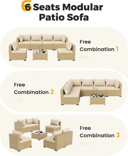 Vista 4 de UDPATIO Muebles de exterior 7 piezas de mimbre para patio, cojín Beige