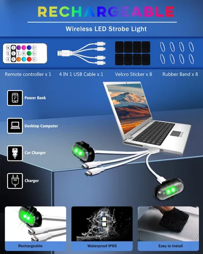 Vista 8 de Luces estroboscópicas LED inalámbricas con control remoto, luces de advertencia anticolisión recargables por USB, impermeables, luces LED