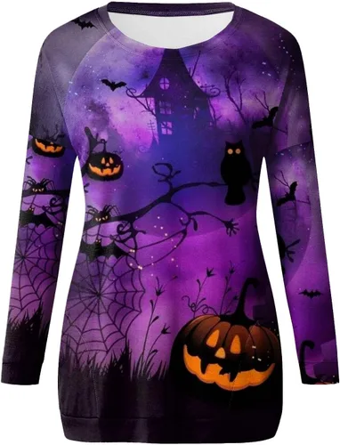 Vista 3 de Yesunpxs Camisas de manga larga para mujer, blusas de cuello redondo, casuales, holgadas, sudaderas con estampado y bolsillo