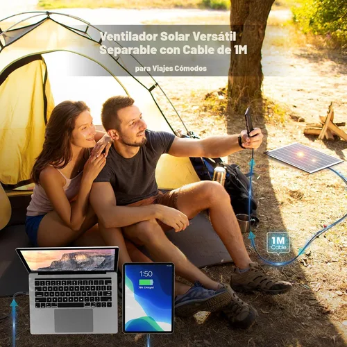 Vista 7 de JINLICTE Ventilador solar de 10400mAh con linterna LED, ventilador de camping con panel solar, ventilador solar recargable de 7W para exteriores