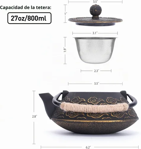 Vista 5 de Tetera de hierro fundido, tetera japonesa con infusor para hojas sueltas, tetera para estufa de té, cubierta segura con interior esmaltado