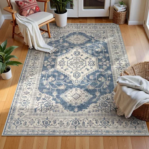 Vista 18 de Lahome Alfombra oriental lavable de área pequeña, 2 x 3 pies, para entrada, cocina, ultra fina, suave, tapete antideslizante para puerta de Azul