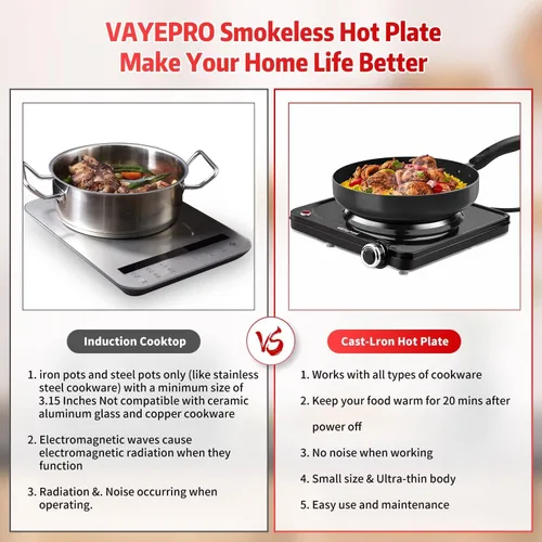 Vista 6 de Vayepro Placa caliente de 1500 W, estufa eléctrica portátil, estufa eléctrica individual, quemador portátil para cocinar, estufa para dormitorio