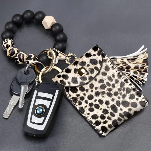 Vista 2 de UpUDo Llavero pulsera de silicona, pulsera con cuentas de silicona con cartera para tarjetas, llavero elástico para mujer