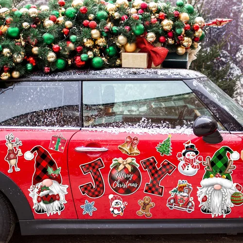 Vista 5 de Imanes de Navidad para refrigerador, 14 unidades, gnomo alegre, nevera, coche, puerta de garaje, calcomanías magnéticas para decoración