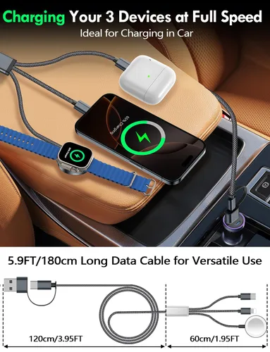 Vista 3 de Esenciales de viaje para cargador de Apple Watch, cargador de iPhone, cable de carga múltiple 3 en 2, tipo C, Lightning/cable magnético de carga
