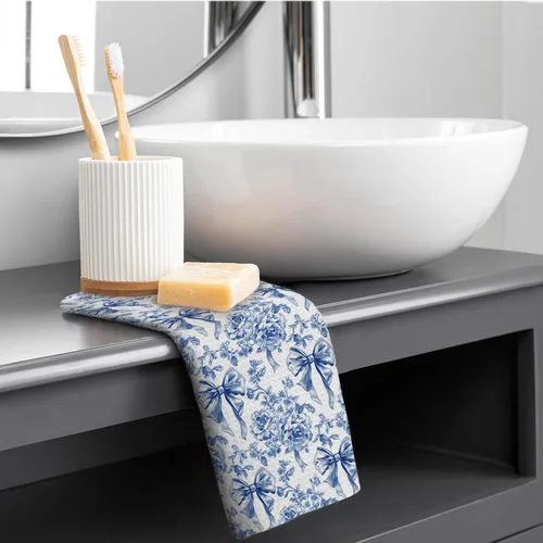 Vista 6 de Chinoiserie - Toallas de cocina florales con lazo coquette, paños de cocina florales azules y blancos para decoración de cocina, toallas de mano