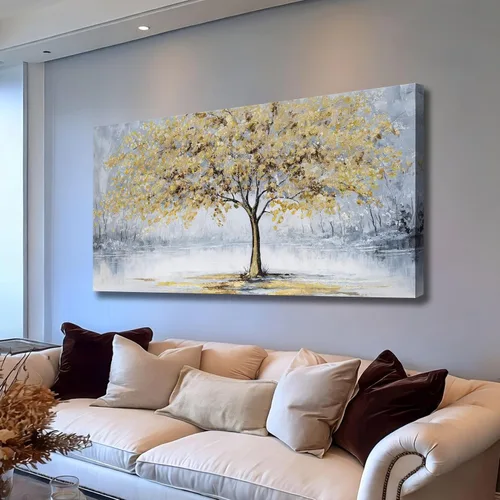 Vista 8 de Belmrxne Arte de pared de árbol de la vida, decoración de pared pequeña dorada, paisaje, lienzo, obra de arte divertida para entrada, pasillo, baño