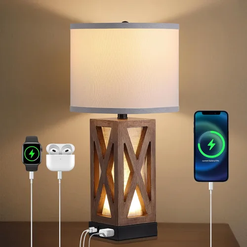 Vista 9 de Lámpara de mesa de madera con 3 temperaturas de color, lámpara de mesa de noche con salida de CA, puerto de carga USB A y C, lámpara de noche
