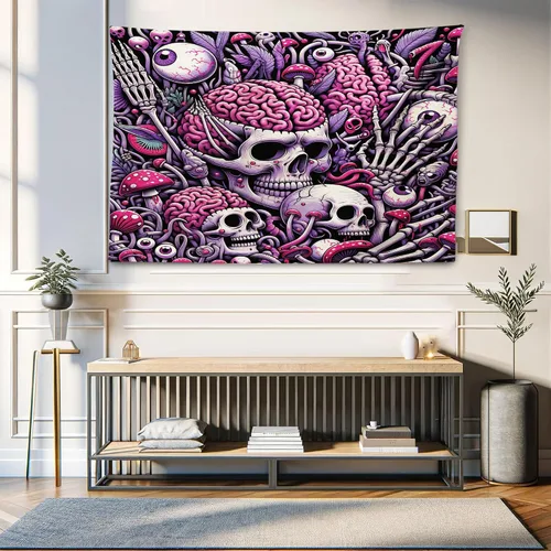 Vista 166 de Ambesonne Tapiz de hongos, atmósfera psicodélica, escena astral estrellada con motivos orientales trippy, decoración de tela para colgar en la pared