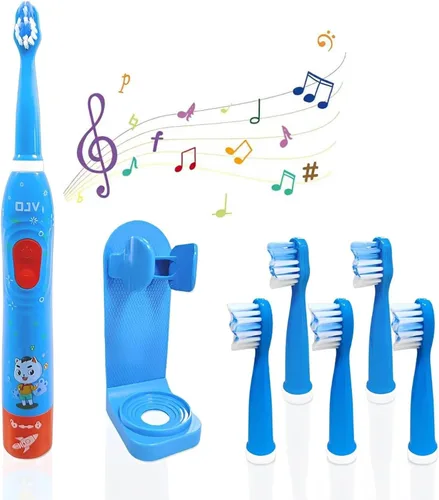 Vista 10 de OJV 8620 Cepillos de dientes eléctricos musicales para niños, 3 modos de temporizador de 2 minutos, 6 cerdas recargables de energía inteligente, Azul