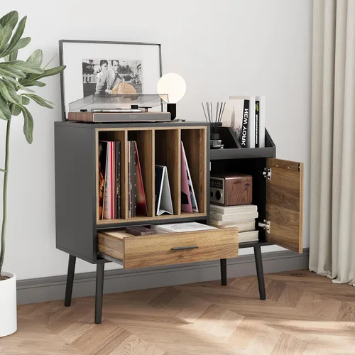 Vista 3 de Semiocthome Soporte para tocadiscos con caja de almacenamiento de vinilo anidable, mesa de tocadiscos con cajón, un gabinete, área de almacenamiento