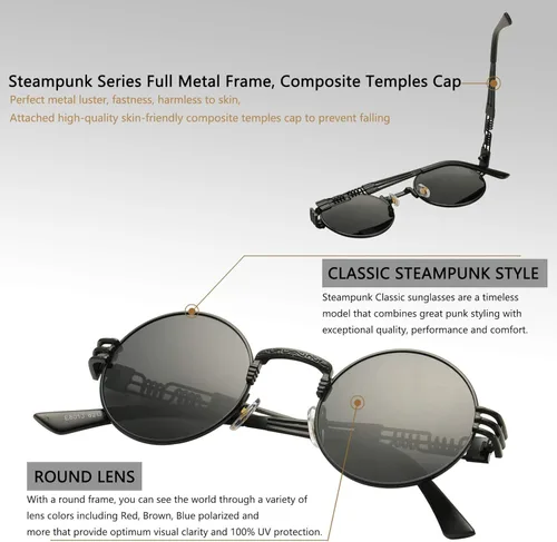 Vista 5 de DeBuff Gafas de sol retro redondas steampunk hippie