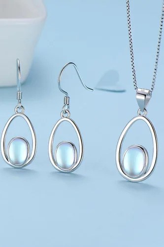 Vista 4 de Juego de joyas de piedra lunar de ópalo, collar y aretes de plata de ley 925 para mujer, piedra lunar de ópalo, regalos para orejas sensibles