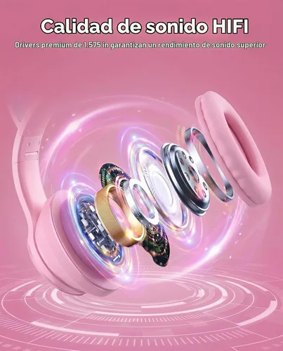 Vista 6 de Auriculares plegables inalámbricos Bluetooth 5.1 con luz LED, VIGROS estéreo, música, sonido envolvente con micrófono AUX para PC, pad, móvil Rosa