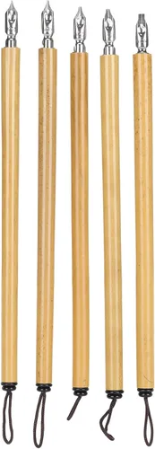 Vista 8 de AYNEFY Juego de 5 bolígrafos de inmersión cómic, juego de 5 bolígrafos de inmersión de caligrafía con mango de madera con 5 plumas, juego