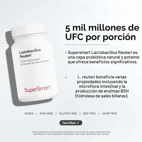 Vista 5 de Supersmart - Lactobacillus Reuteri 5 Billion CFU per Day - Probiotic Supplement Non-GMO & Gluten Free - 60 DR Capsules