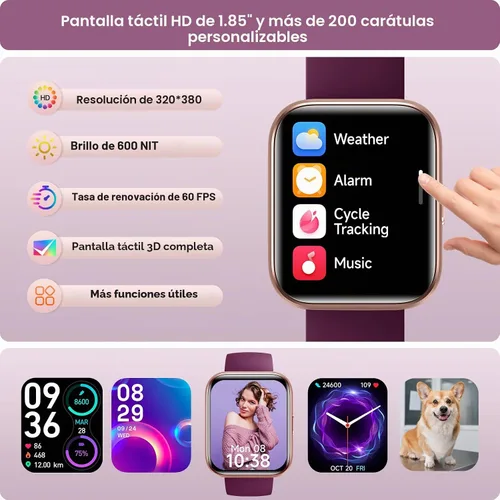 Vista 5 de Relojes inteligentes para mujer, reloj inteligente HD de 1.85 pulgadas para iPhone/Samsung/Android con llamadas/mensajes/recordatorios, 3ATM 120+