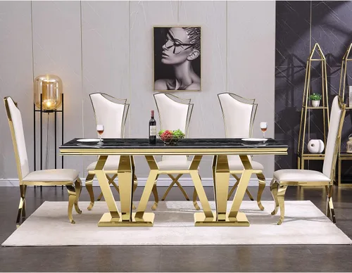 Vista 9 de ACEDÉCOR Juego de mesa de comedor para 4, mesa de comedor rectangular de 78 pulgadas con parte superior texturizada gris y base geométrica plateada