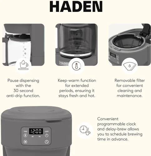 Vista 3 de Haden Chelsea - Cafetera digital de goteo de 10 tazas con jarra de vidrio, gris y cromo
